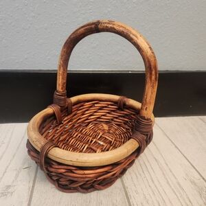 Vintage Woven Rattan Basket With Bamboo Handle Rustic Farrmhouse Chic DIY
